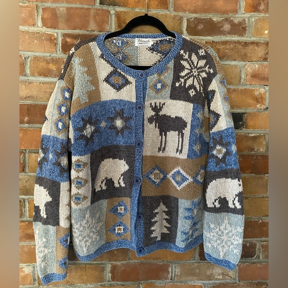 Hand Crafted Sweaters - VINTAGE HANDMADE embroidered knit cardigan sweater winter theme size medium